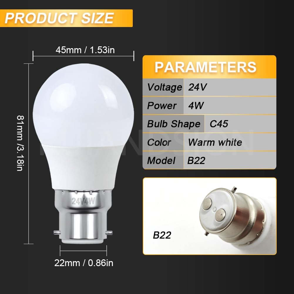 Ruiandsion Bombilla B22 formato C45 de 4W, esferas luminosas de baja tensión 24V Blanco Cálido, repuesto para iluminación naval, paquete de 10 unidades