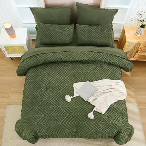 Image of Andency Super King Plus Comforter Set Olive Green - 7 Piece Bed in a Bag Oversized King, Olive Green Boho Tufted Bedding Sets, Lightweight Fluffy Bed Set with Comforter, Sheets, Pillowcases & Shams