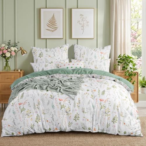 Image of RUIKASI King Size Duvet Cover Sets - Floral Kingsize Bedding Set Soft Microfiber Quilt Cover with 2 Pillowcases, Sage Green 230x220 cm