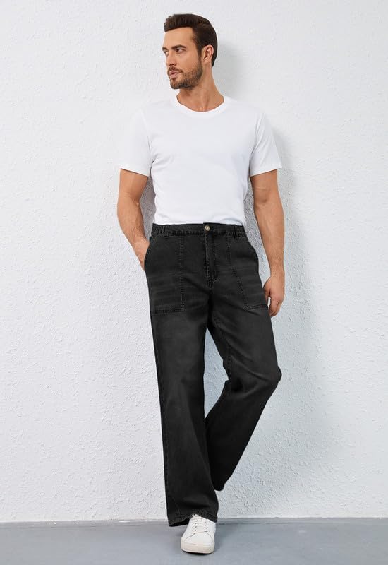 Men's Elastic Waist Baggy Jeans Stretch Denim Wide Leg Trousers Loose Fit Casual Pants - Image 6