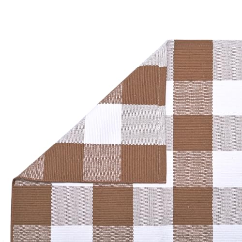 Ckorzen Coffee and White Plaid Rug, 3' x 5' Outdoor Front Porch Door Decor Mat, Washable Cotton Woven Farmhouse Area Rug for Layered Door Mats Carpet, Entryway, Easter Décor