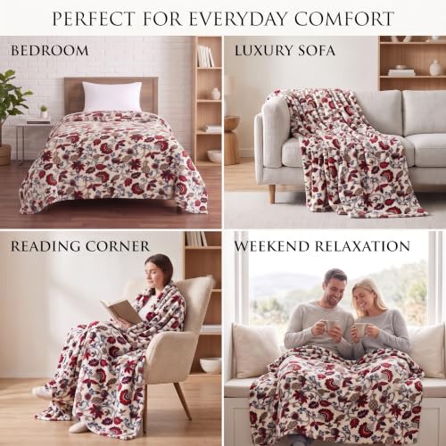 Image of VAS COLLECTIONS 280 GSM Flannel Blanket for Single Bed, Ultra Soft Plush Fleece Blanket, Warm & Cozy Winter Blanket, Breathable AC Blanket, for Home & Travel, 220 x 150 cm - Ivory Crimson