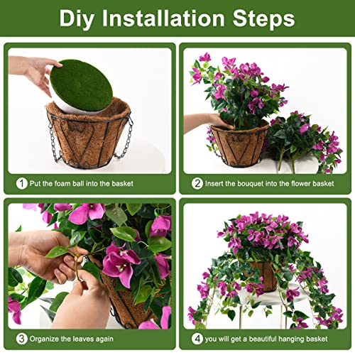 Artificial Flowers Hanging Basket With Bougainvillea Silk Vine Flowers For Outdoor/Indoor, Artificial Hanging Plant In Basket, Coconut Lining Basket Hanging Plant For Patio Lawn Garden Decor (Purple) #TOP5