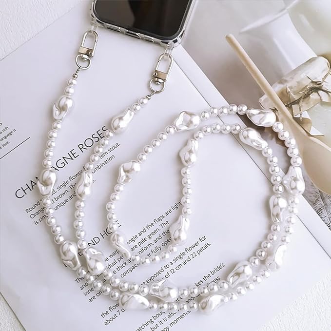 Image of KHOLAD White Bow Phone Chain Crossbody Pearl Strap | 2in1 Wrist & Shouler Crossbody Lanyard | Pearl Beads Charms Chain with Phone Tether Patches | Compatible with Most Phones, Bag, Purse
