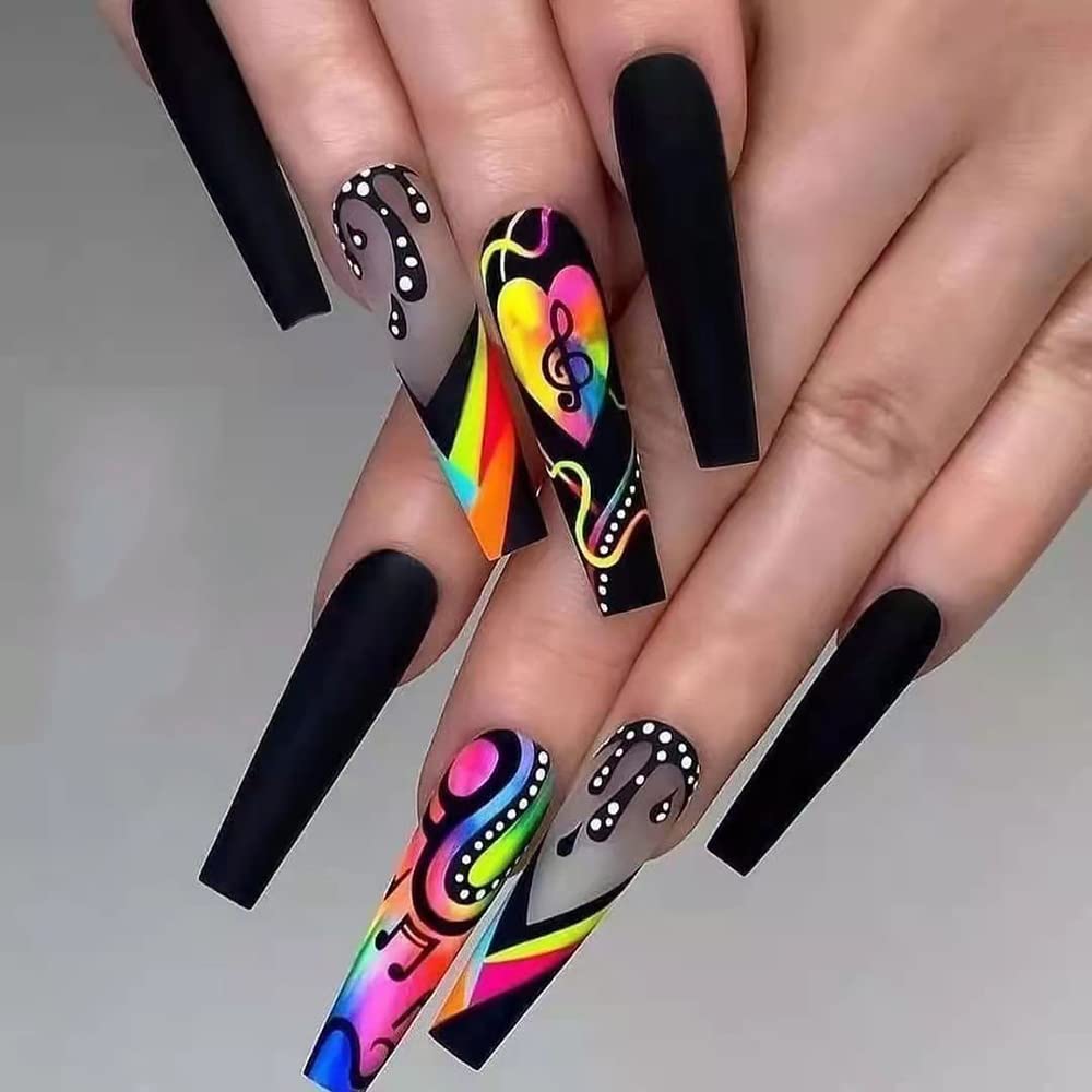 24 Pcs Coffin-Shaped Press on Nails Dazzling Colors Fake Nails Black Ballet Stick on Nail Music Score Glue on Nails Acrylic Overlength Design False Nails for Women Or Girl Manicure