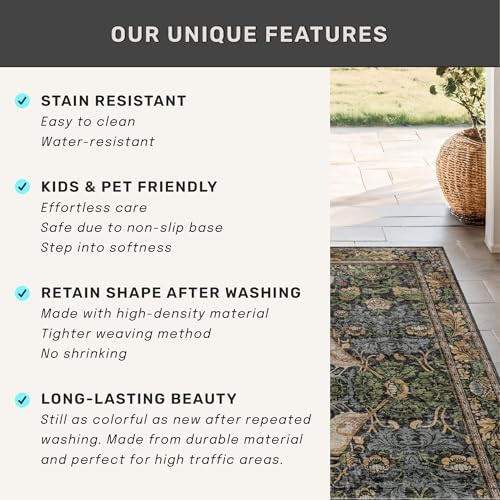 Image of Hazo Haus Vintage Floral Area Rug 5x7 for Living Room - Dark Green Forest Bird Rugs for Bedroom, Dining Room, Office, Non Slip Stain Resistant Low Pile