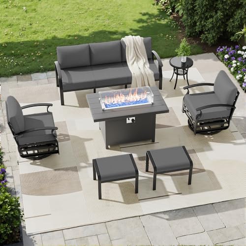 Image of Aluminum Patio Furniture Set with Fire Pit Table, 7 Seats Outdoor Patio Conversation Sets with Swivel Chair Modern Metal Sectional Sofa with Upgrade Cushions for Patio, Backyard - Grey