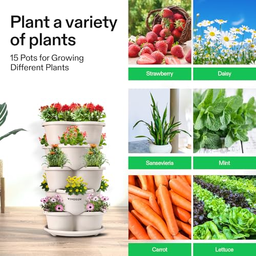 Image of VIVOSUN 5 Tier Vertical Gardening Stackable Planter for Strawberries, Flowers, Herbs, Vegetables, Ivory