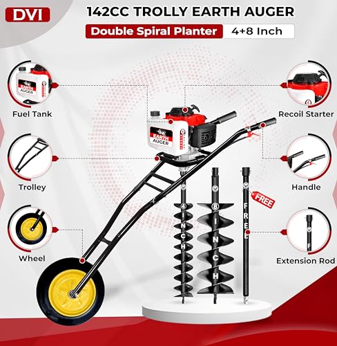 Image of DVI 142CC Trolley Earth Auger Machine, 4-Stroke Petrol Engine - with 4 Inch + 8 Inch Double Spiral Planter Bits & Free Extension Rod | for Plantation, Fencing & Post Hole Digging in All Soil Types.
