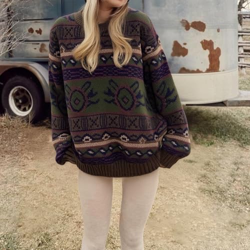 Image of Women Vintage Striped Pullover Sweater Y2k Long Sleeve Crew Neck Loose Knit Sweaters Fall Winter Knitwear