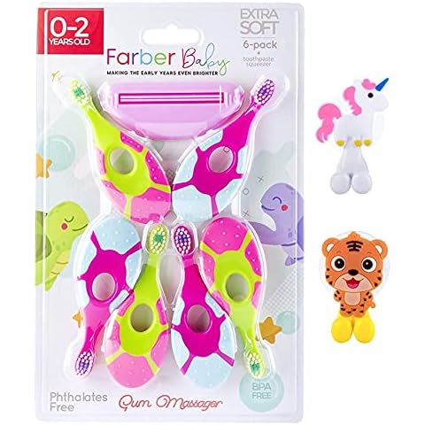 Farber Baby Toddler Toothbrushes Set – Infant Toothbrush 6 Pack with Compact, Soft Bristles and Easy Grip Handle Includes 2 Suction Cup Toothbrush Holders and Toothpaste Squeezer (Pink) Cover