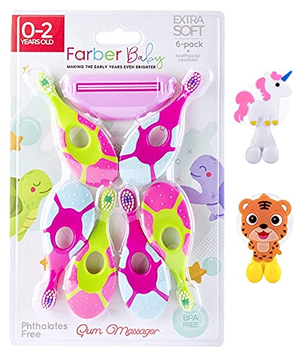 Farber Baby Toddler Toothbrushes Set â€“ Infant Toothbrush 6 Pack with Compact, Soft Bristles and Easy Grip Handle Includes 2 Suction Cup Toothbrush Holders and Toothpaste Squeezer (Pink)