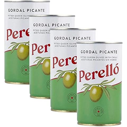 Perello Gordal Picante Green Olives 4 x 350 grams Gross (150grams Net) Imported from Spain. Securely boxed Cover
