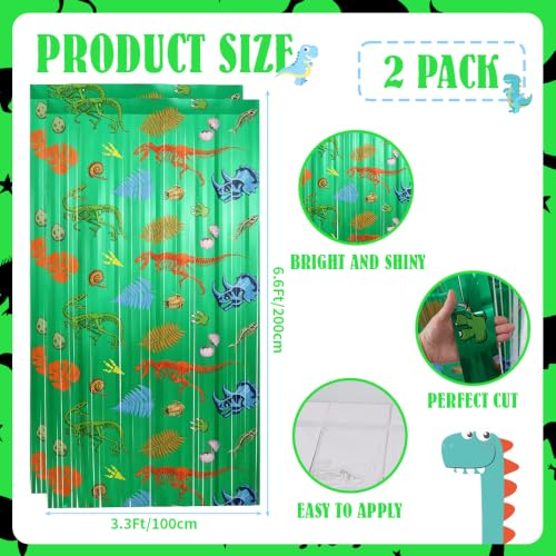 Image of TONIFUL 2Pcs Green Metallic Foil Fringe Curtains with Dinosaur Pattern