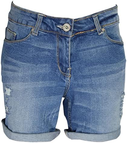 AFS Ladies Boyfriend Stretchy Denim Shorts Distressed Skinny Hotpants Ripped Rollup Half Pants (16, Denim Blue)