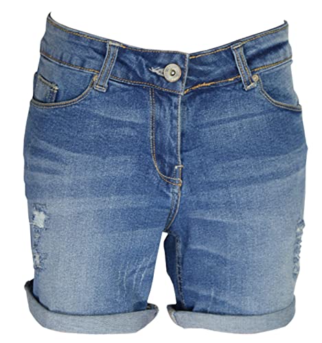 AFS Ladies Boyfriend Stretchy Denim Shorts Distressed Skinny Hotpants Ripped Rollup Half Pants (16, Denim Blue)