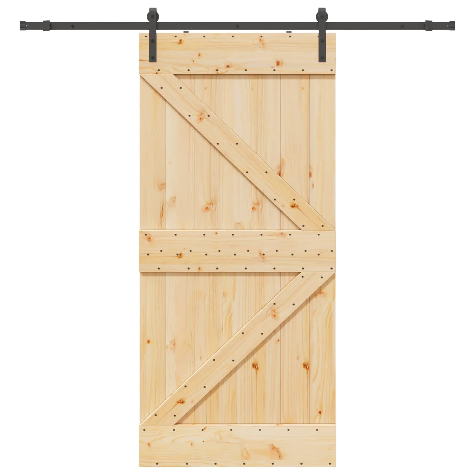 Puerta corredera Narvik de madera de pino maciza natural y negra, 80 x 210 cm, con guía de acero pulverizado para ahorrar espacio en interiores y fácil montaje