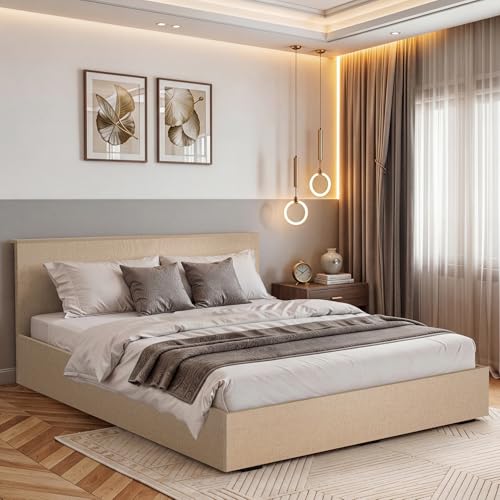 Image of ABOUT SPACE Bed - (84 x 74 inches) King Size Bed Without Storage | Engineered Wooden Bed Frame with Headboard & MDF Board for Mattress | 1-Year Warranty Cot for Bedroom - Satin Weave (Linen Beige)