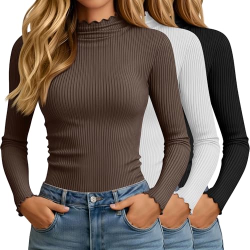 Oakgarden 3 Pack Women's Turtleneck Cotton Shirts, Long Sleeve Ribbed