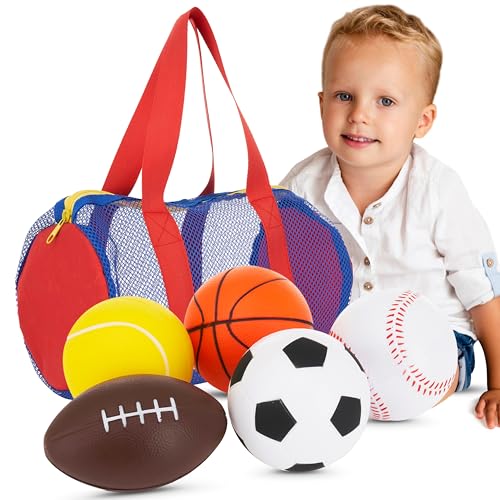 Neliblu Foam Sports Toys with Bag, Set of 5 – Includes Soccer Ball, Basketball, Football, Baseball and Tennis Ball – Suitable for Baby’s Small Hands to Grab – Balls for Kids and Toddlers Ages 1-3