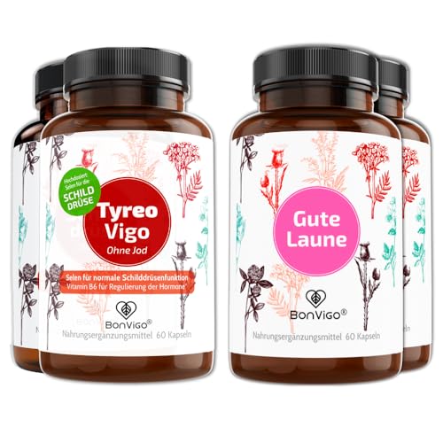 BonVigo® Power DU0 240 Kapseln - 2x SCHILDDRÜSE / 2x GUTE LAUNE Ideale Ergänzung - Es tragen bei zu normaler Funktion von Schilddrüse und Immunsystem (Selen), Psyche und Nervensystem (Vitamin B6)