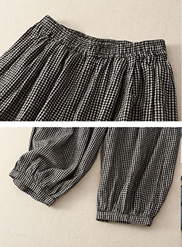 GGUHHU Womens Lightweight Cotton and Linen Plaid Pants Elastic Waist Checkered Thin Lantern Capris2