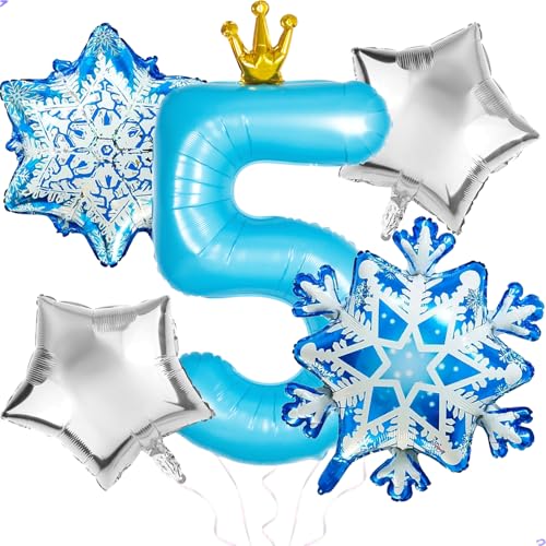 Frozen 5th Birthday Party Decorations Balloon, 40" Elsa 5 Balloon with Crown SnowFlake Foil Mylar Balloons for Princess Anna Elsa Frozen Theme Birthday Supplies, Birthday Decorations, Party Favors
