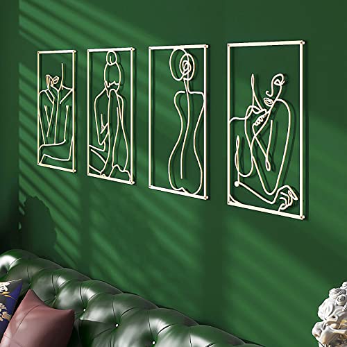 Gold Wall Decor Art 4 Pack, 0.12'' Thicker Metal Modern Wall Decor Minimalist Wall Art 3D Abstract Female Body Single Line Wall Art For Bedroom Gold Accent Room Decor For Living Room Wall Sculptures For Bathroom (18 X 12'') #TOP4
