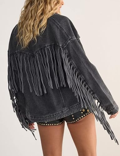 Omoone Women's Oversized Denim Fringed Jacket Tassel Jean Jackets Fall Outfits 2025 with Pockets3