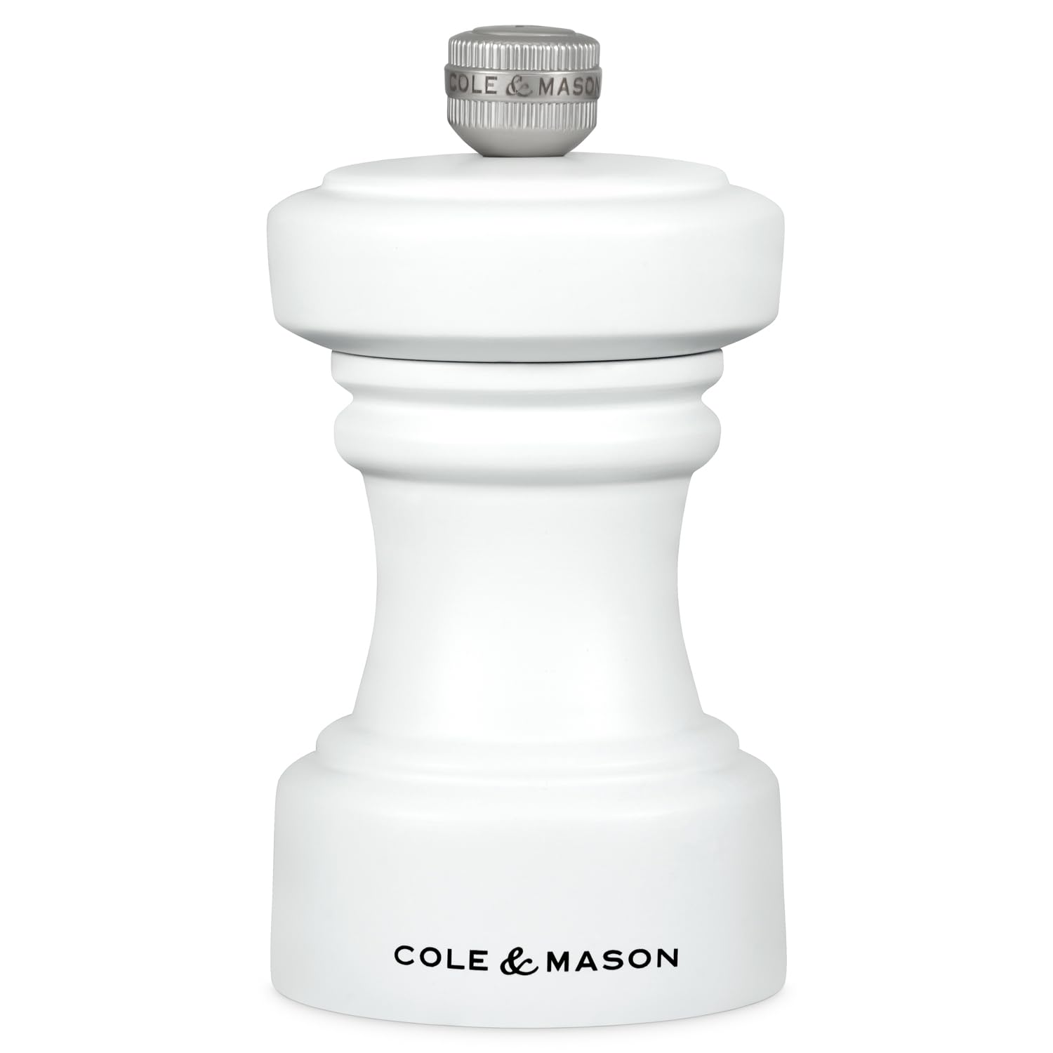 Cole & Mason Hoxton White Wood Salt Mill, Compact Salt Grinder with Adjustable Grind, Non Corroding Ceramic Mechanism