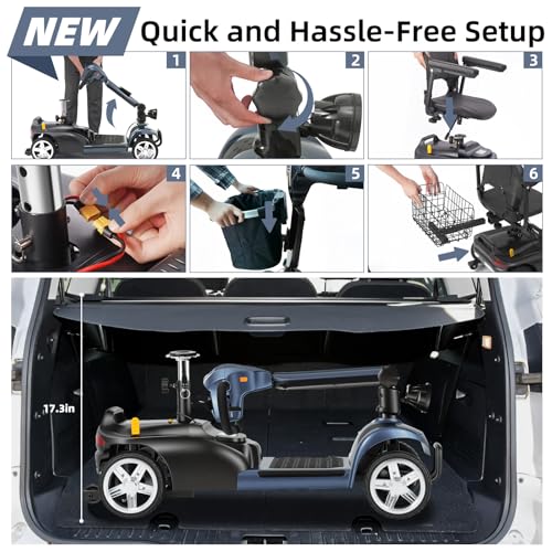 MS20 with Mirror 20 Miles 4-Wheel Mobility Scooter for Seniors/Adults, Detachable Lithium Battery Electric Wheelchair,Dual Baskets,Rotating Seat,with Taillight,USB Charging,Foldable Mobility Scooters