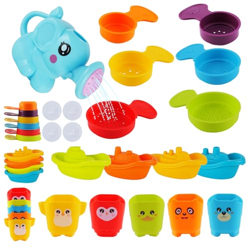 Image of BeneFine Baby Bath Toys for Kids Ages 1-3, 16 PCS Mold Free Bath Toys for Toddlers with Floating Boats,Watering Can,Water Cup Set& Bath Spoons, Bathtub Water Pool Toys for Babies and Toddlers