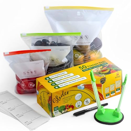 MAWZA Bolsa deslizante con cierre hermético (50 piezas), juego de bolsas reutilizables para congelador, bolsas de plástico grandes, medianas y pequeñas (4.5 L, 2.25 L y 1 L), 50 etiquetas adhesivas