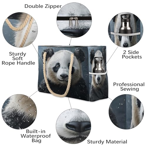 Giant Panda Black And White Cute Women's Large Beach Bag Waterproof and Sand-proof Canvas Tote Lightweight Shoulder Bag Suitable for Pool Beach Travel Holiday Gym Yoga Care3