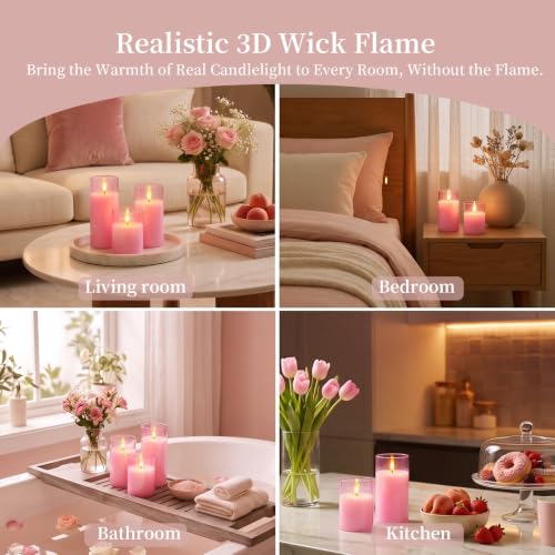 Image of Amagic Pink Glass Flameless LED Candles Battery Operated with Remote Timer | Real Wax Pillar Electric Candle, 3D Flickering Flame for Christmas Home Decor, Valentine's Day, Weddings, Set of 3(H4 inch5 inch6 inch)