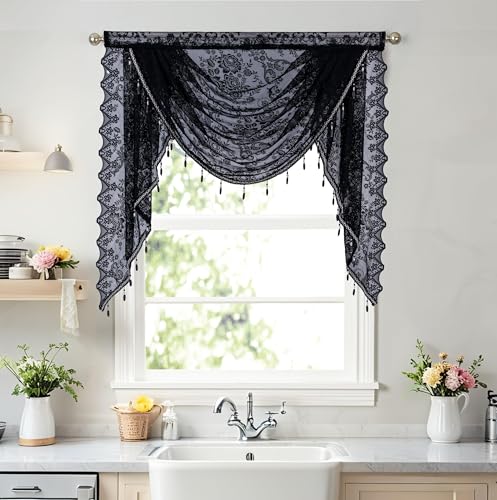 Boho Beaded Lace Waterfall Curtain Valances for Windows, Vintage Semi Sheer Floral Embroidered Kitchen Swag Curtains Rod Pocket Window Treatments for Living Room Bedroom Bathroom, 39