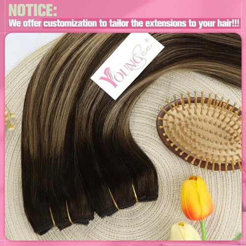 Image of YoungSee 135G Balayage Wire Hair Extensions Real Human Hair, Chocolate Brown Balayage Caramel Blonde, Wire Hair Extensions Brown, 22Inch Long Straight Remy Hair Fish Line Extension