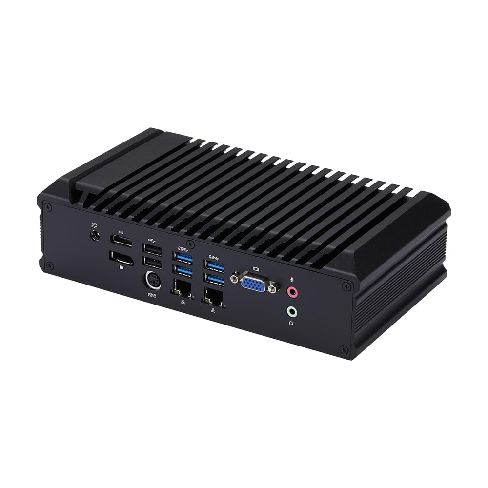 Side view of the Qotom Q1052X Mini PC, highlighting display, network, USB 3.0, audio, and power ports.