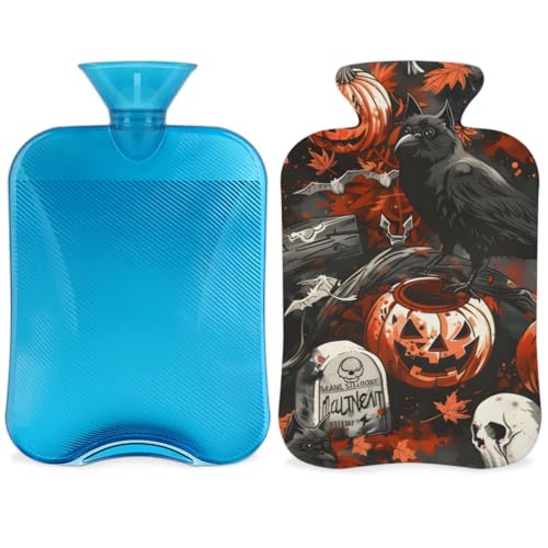 Hot Water Bottle with Soft Cover,2L Halloween Crow Hot Water Bag for Hot and Cold Compress, Hand Feet Warmer, Rubber Hot or Cold Water Bottle Halloween Christmas Decorations