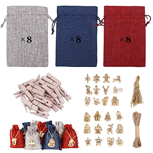 PHIEZC Calendriers de l'Avent,24 Calendrier de l'Avent à Remplir,Sac en Tissu de Calendrier de l'avent 2021,Sac Cadeau de Noël,avec 24 numéros en bois,24 clips et 10m de corde Cover