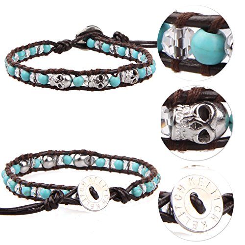 Image of KELITCH 925 Silver Skull Bracelets Wrap Bracelets Women Crystal Beaded Bracelets on Natural Leather