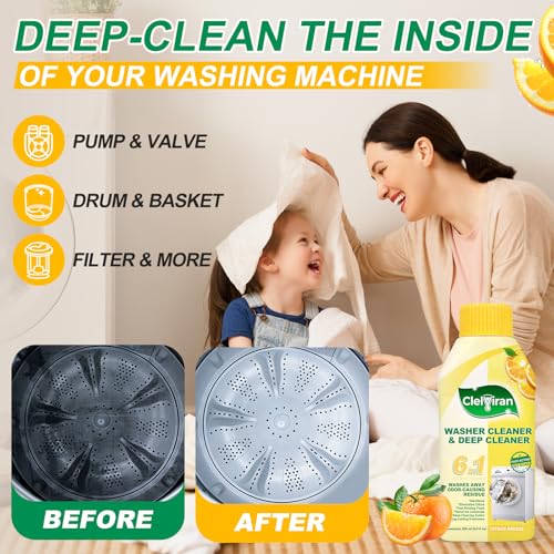 Image of Washing Machine Cleaner Liquid, Powers Away Odor Causing Residue and Grime Deep Inside Pump, Valve and Hoses, 6 in 1 HE Washer Descaler (1 Pack)