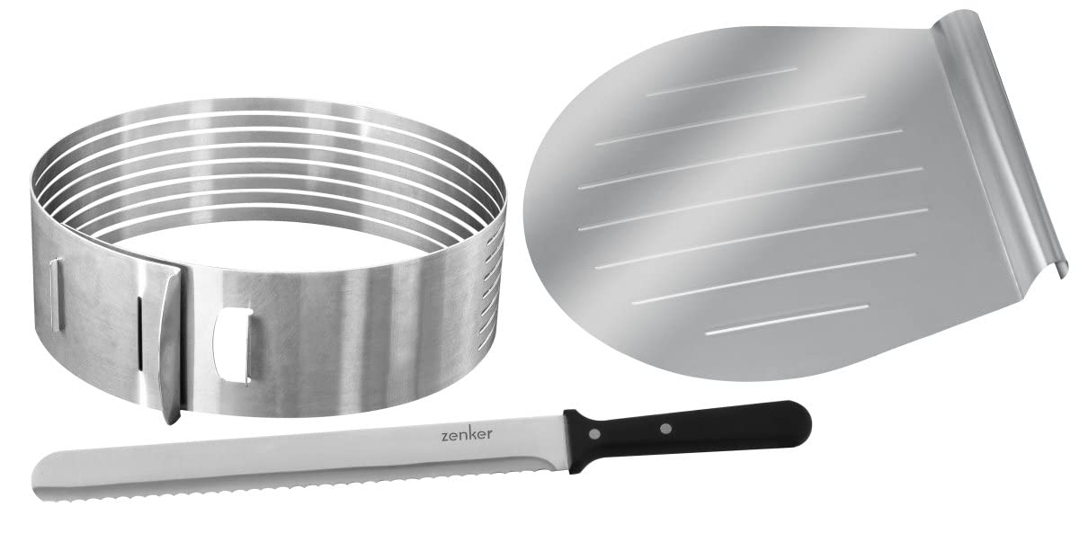 Zenker 3-delige taartdecoratie–set Ø 26/28 cm, roestvrijstaal taartenset met taartring, taartschep en taartmes voor cakes en taarten (Kleur: zilver)
