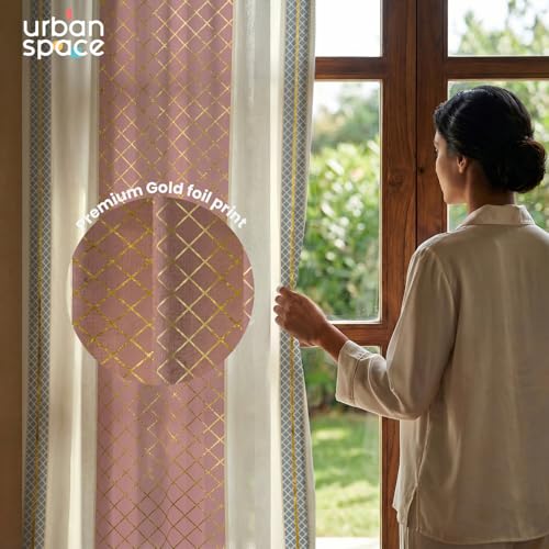 Image of Urban Space 100% Cotton Curtains with Gold Foil Print | Upto 60% Light Blocking Window Curtain 5 feet I Set of 2 Decorative Curtains with Eyelets and Tieback (Zari Jaal Dusty Pink Gold - 5 feet)