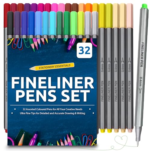 SOL 32pk Fineliner Pens Set, 0.4mm Fineliner Pens Coloured for Writing, Drawing and Journaling, Assorted Vibrant Colour Fine Tip, Quick-Drying and Smudge-Proof Ink, Smooth and Consistent Ink Flow