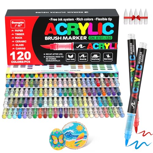 Image of Guangna 120 Colors Direct Liquid Soft Head Acrylic Marker Pens,Brush Tip Acrylic Paint Pens,Ideal for Canvas,Wood,Stone,and DIY Crafts,Multicolor