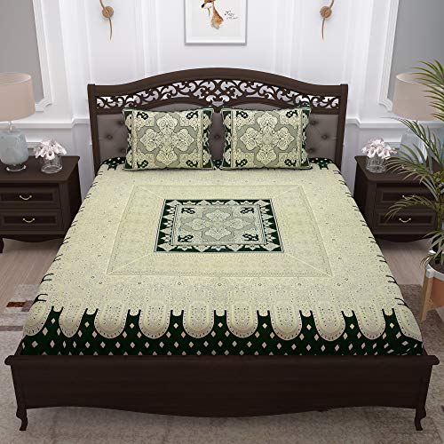 Image of Story@Home Pandora Collection 152 TC 100% Cotton Bedsheet for Double Bed with 2 Pillow Covers (90 X 108 Inch, Off White & Green)