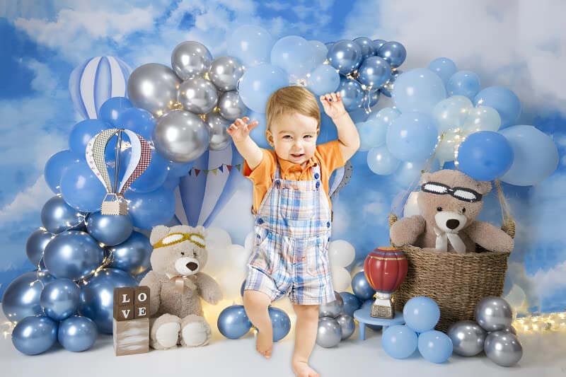 Bear Balloon Shower Background Blue Balloon And Golden Flash Photography Backdrop For 1St Birthday Party Decorations Newborn Baby Shower Cake Table Background (Blue, 6x4ft