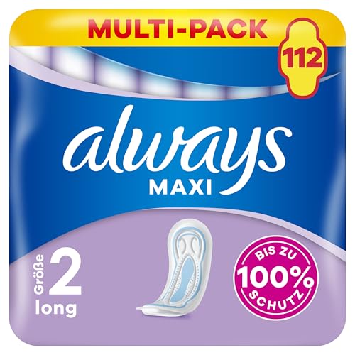 Always Maxi Profresh Long Binden (Größe 2) 112 Stück, Bis Zu 100% Schutz, Schließt Gerüche Ein, Einzeln Verpackt