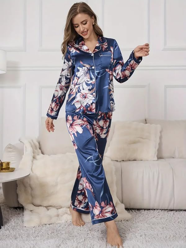Image of Night Suit for Women with Full Sleeve Button-Down Top with Pant Dress for Woman, Night Dress for Woman, Cotton Two-Piece Loungewear Set